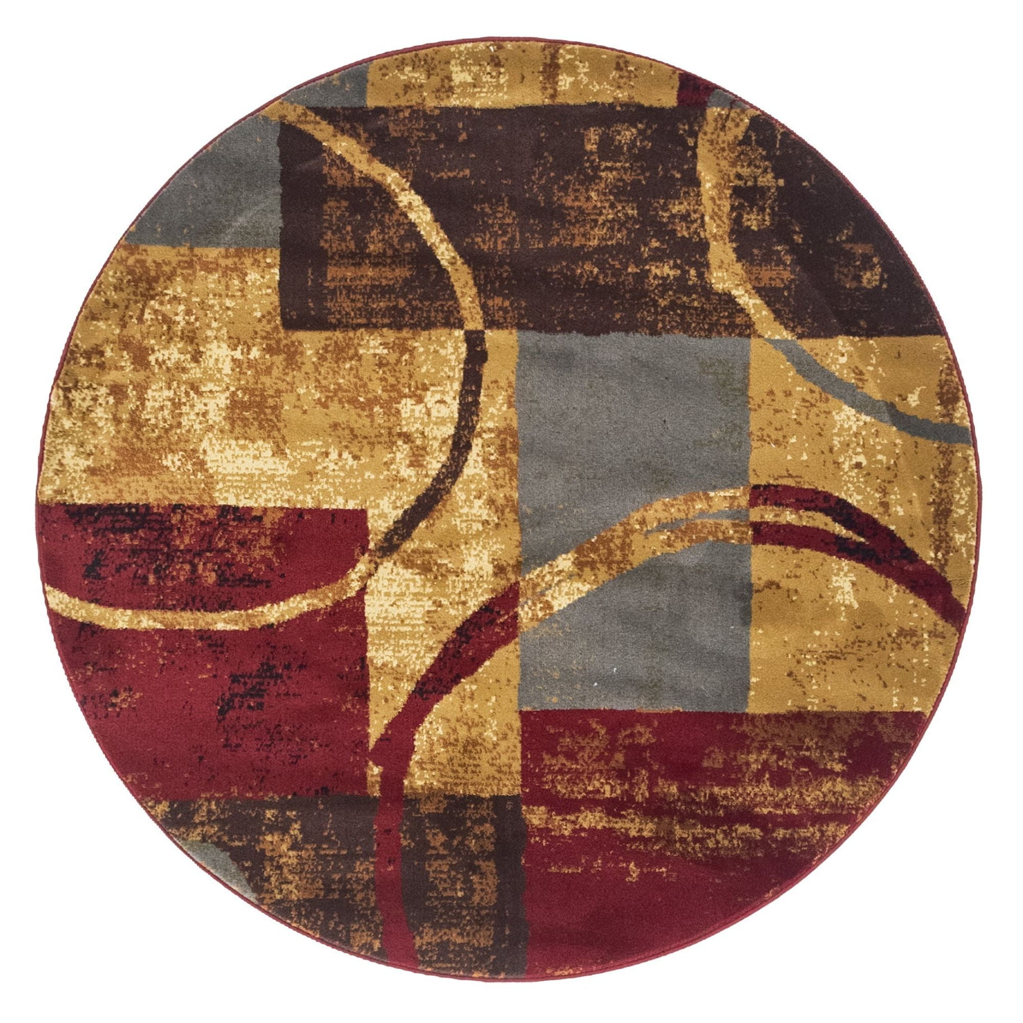 5' Burgundy Red and Brown Patchwork Designed Round Area Throw Rug