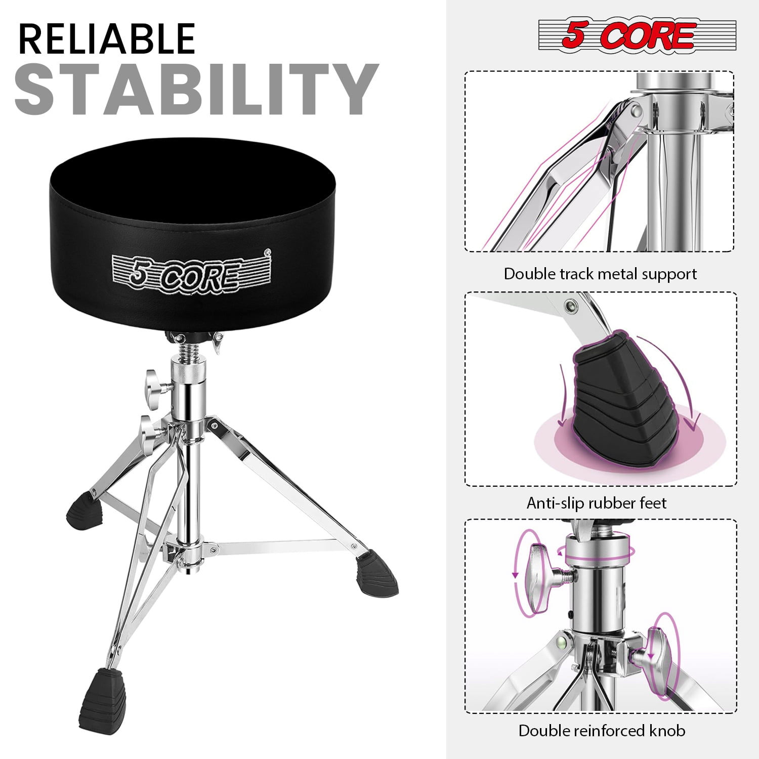 5Core Drum Throne Padded Guitar Stool Swivel Adjustable Drummer Seat Music Chair BLACK VELVET