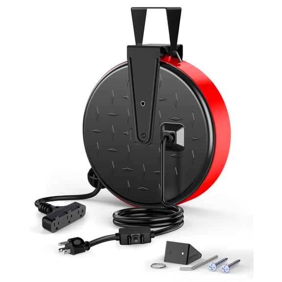 DEWENWILS 30 Ft Retractable Extension Cord Reel, Ceiling or Wall Mount 16/3 Gauge SJTW Power Cord with 3 Electrical Outlets Pigtail for Garage and Shop, 10 Amp Circuit Breaker, Metal Plate, UL Listed