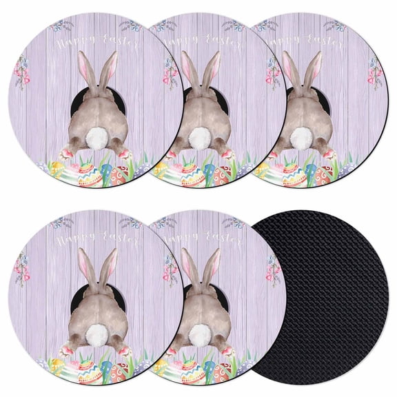 Easter Bunny Coasters Set of 6, Absorbent Coasters for Drinks, Colorful Eggs Cute Rabbit Purple Wooden Plank Coaster for Desk Coffee Table Protection, Home Decor House Warming Gifts 4"