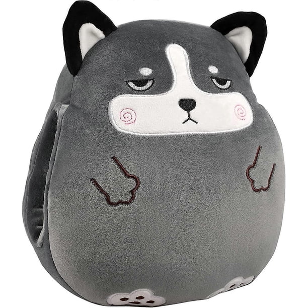 Cute Animal Plush Pillow , Cartoon Animals Soft Stuffed Pets Toy with Hand Muffs Warmer for Kids Women (Husky) Dark Grey Medium