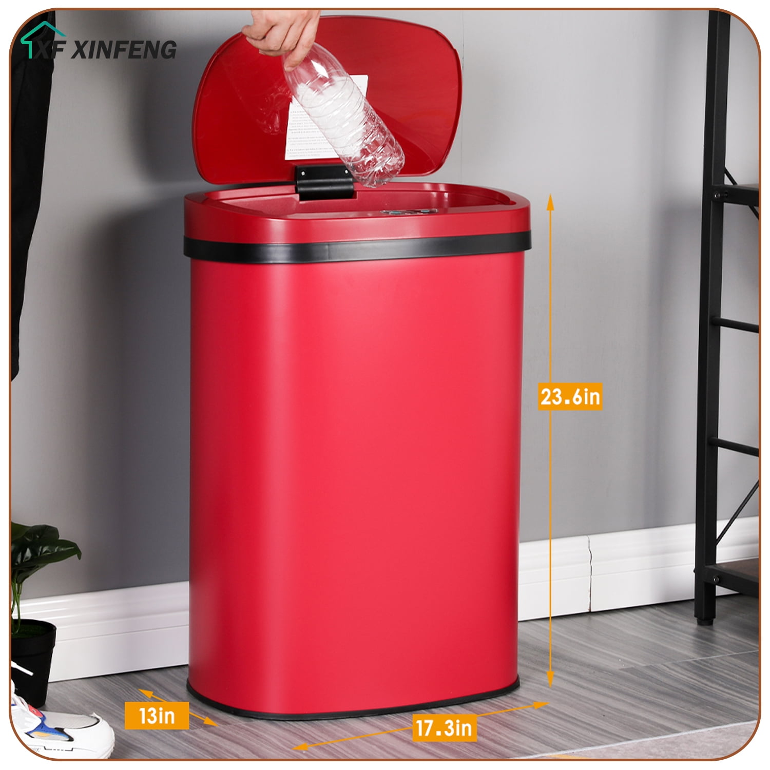 XF XINFENG 13 Gallon Kitchen Trash Can with Lid Stainless Steel Automatic Garbage Can for Bathroom Bedroom Home Office,Red