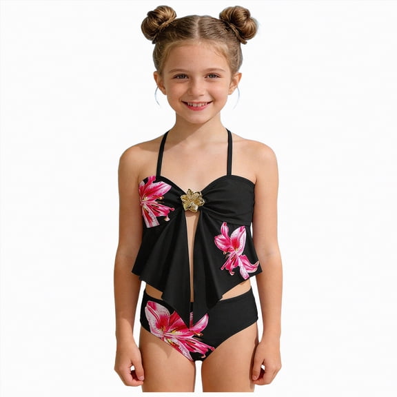 Zanarzt Swim Suit for Girls Swimsuit Swimwear Teen Cute Ruffle Bathing Suit Kids 2 Piece Bikini Set with Padded 11-12 Years,Black