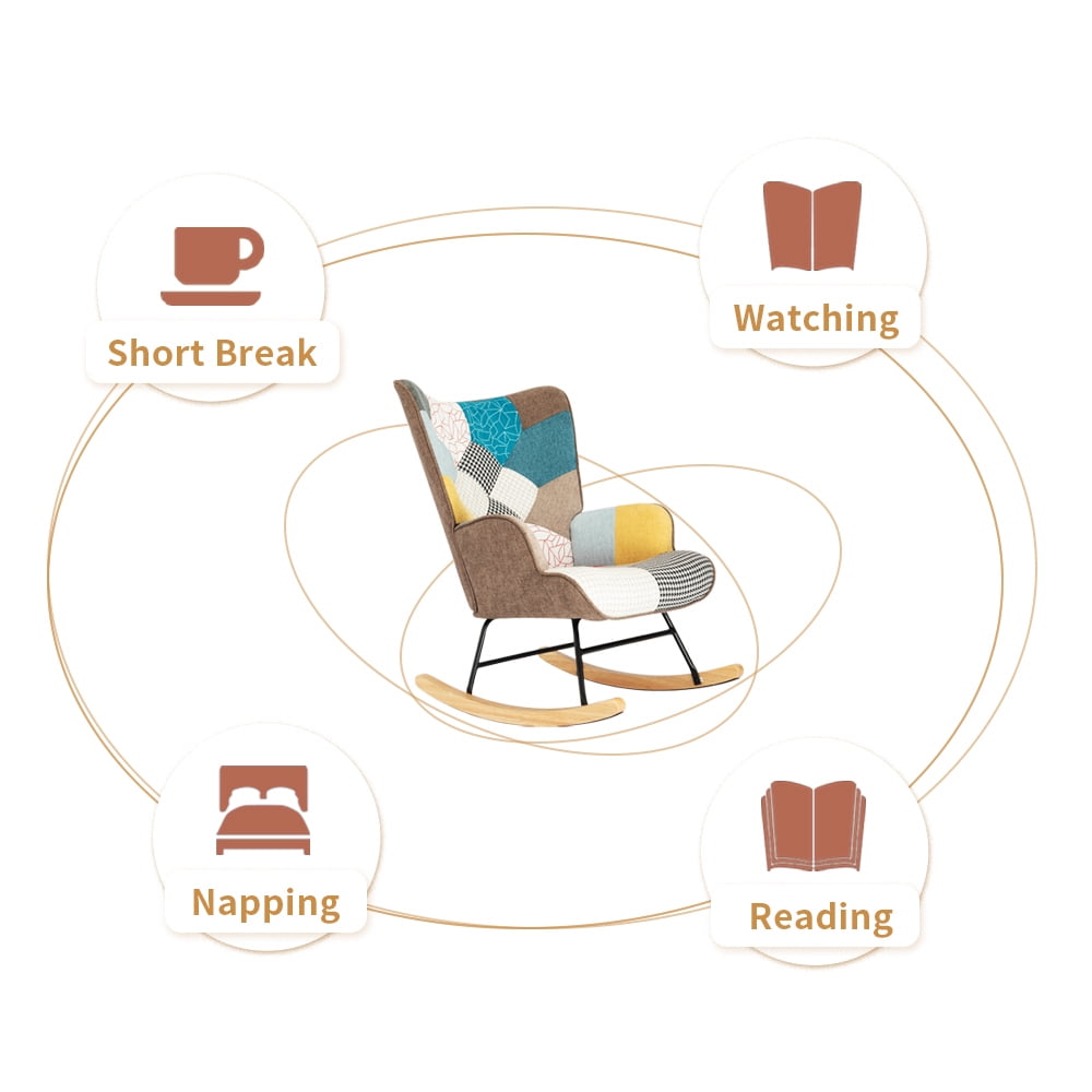 Resenkos Comfortable Relax Rocking Chair with Wood Legs and Patchwork Linen for Livingroom Bedroom,Colorful Resenkos Comfortable Relax Rocking Chair with Wood Legs and Patchwork Linen for Livingroom Bedroom,Colorful