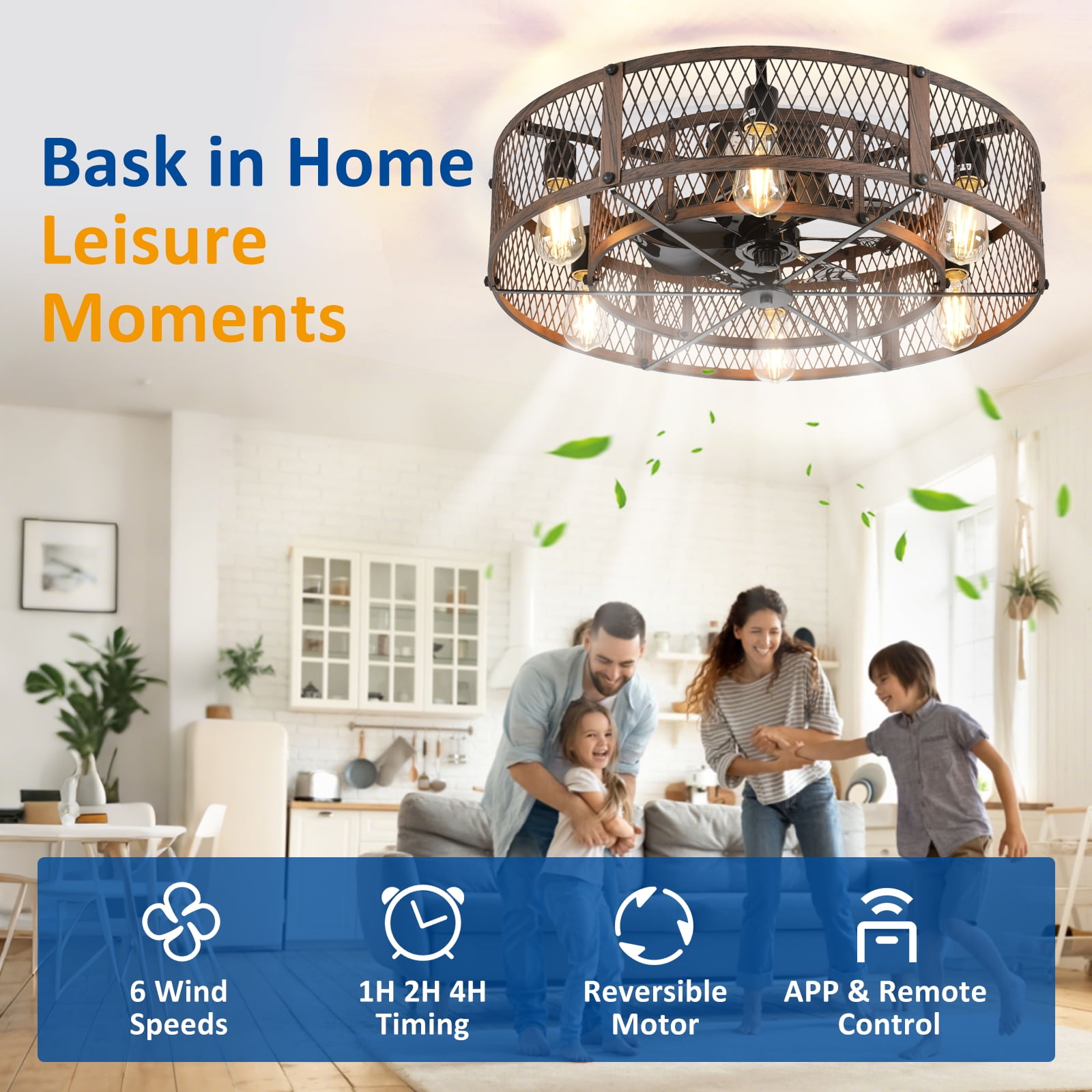 26-Inch Farmhouse Caged Ceiling Fan with Light, Reversible Ceiling Fan with Remote Control Quiet DC Motor 6 Speed Timer E26 Bulbs Not Included Brown