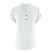 Cmfcve Linen Shirt for Women Summer Button Down Short Sleeve V Neck Tops Solid Color Comfy Blouses Casual Dressy Tunic Top