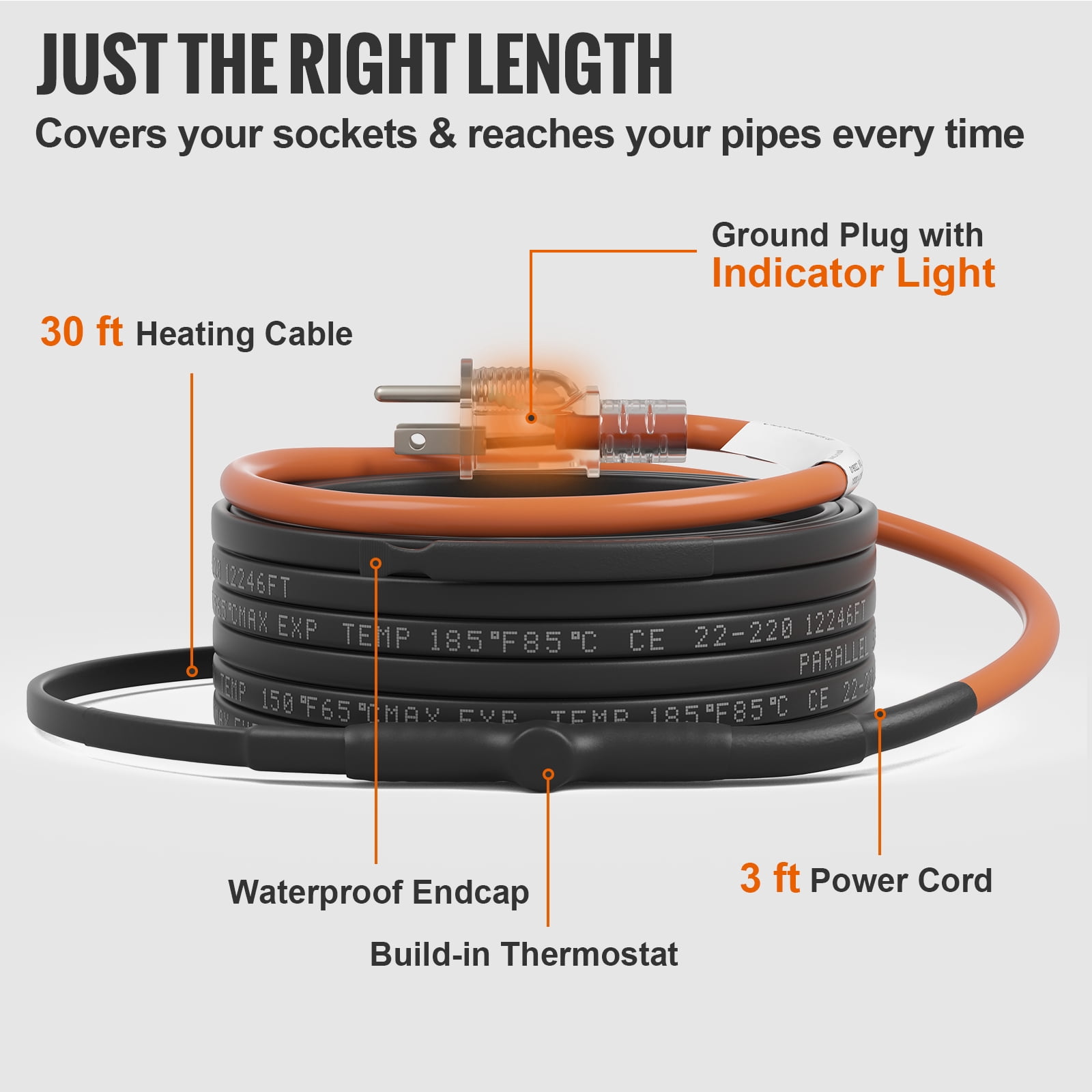 KFFKFF Self-Regulating Pipe Heating Cable, 30-Feet 5W/ft Heat Tape for Pipes Freeze Protection, Protects PVC Hose, Metal and Plastic Pipe from Freezing, 120V