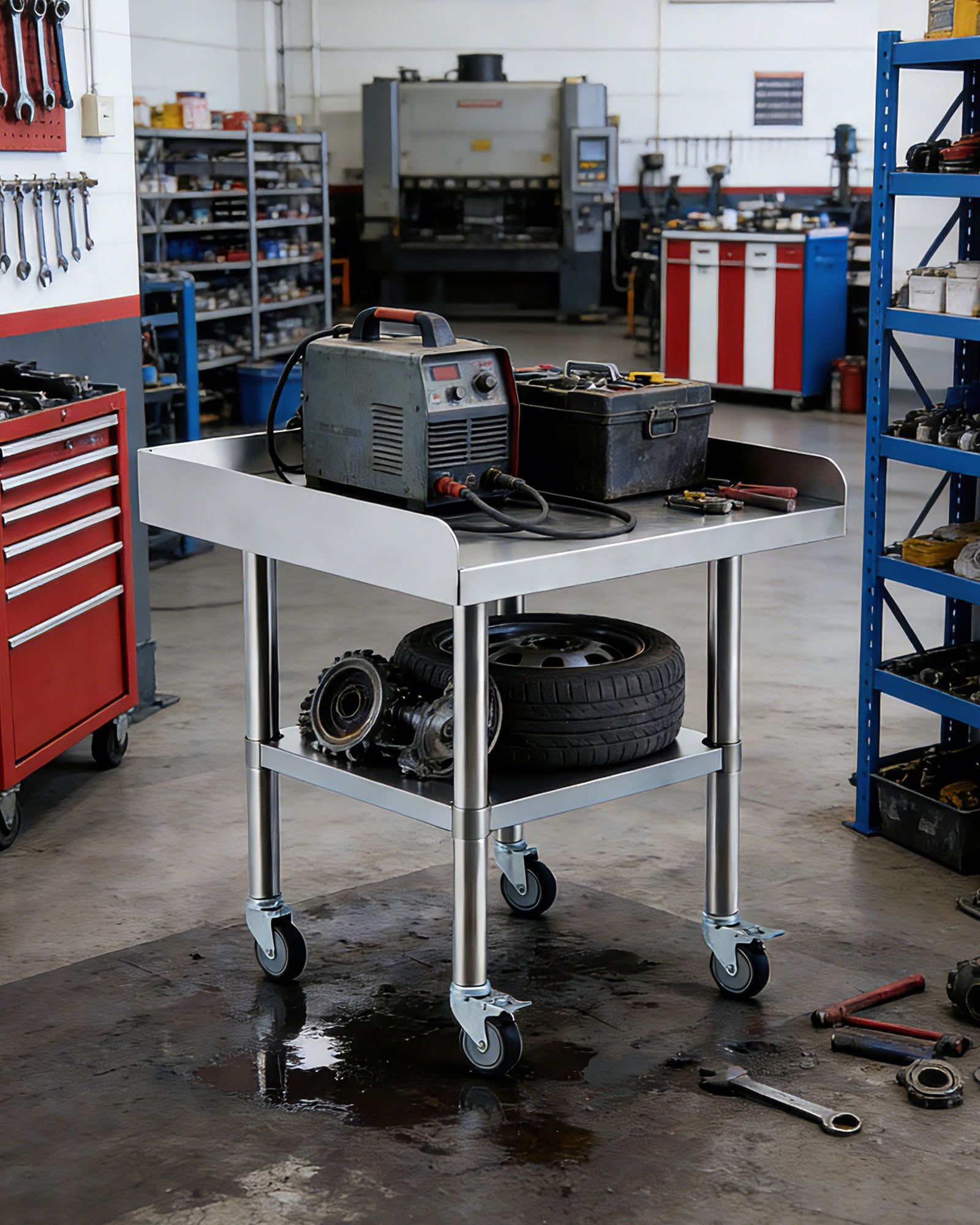 Stainless Steel Rolling Work Table, Commercial Prep Table with 3-Sided Fixed Backsplash & Adjustable Undershelf for Restaurant Garage - 24x24 Inch