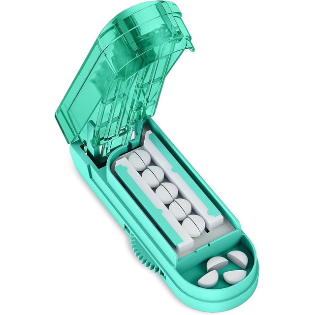DEPAD Multiple Pill Cutter for Small Pills, Adjustable Pill Splitter for Multi Tablets with Accurate Pill Alignment, Stainless Steel Cutting Blade and Blade Guard (Cyan)
