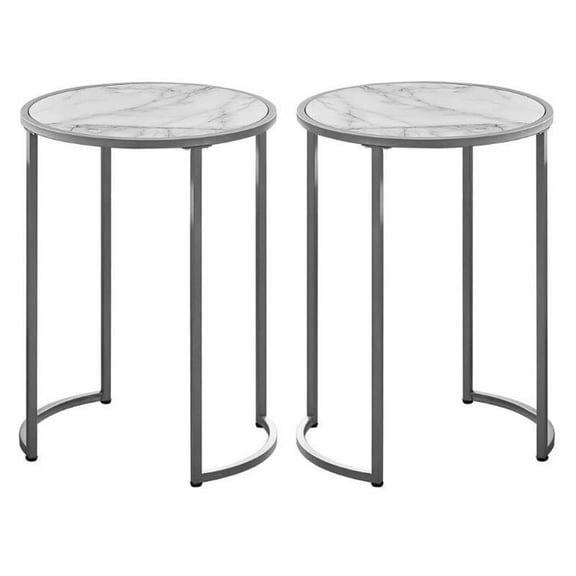 Home Square Faux Marble End Table in White and Silver - Set of 2