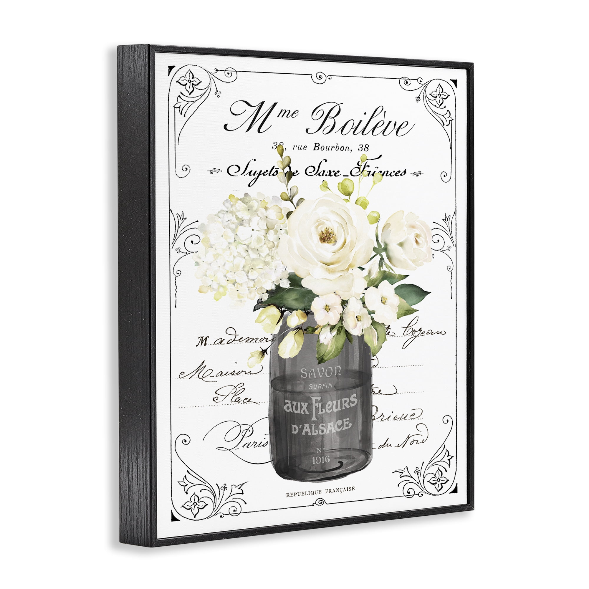 Vintage Parisian Bathroom Floral Bouquet White Flowers Black Framed Giclee Art, 16 x 20
