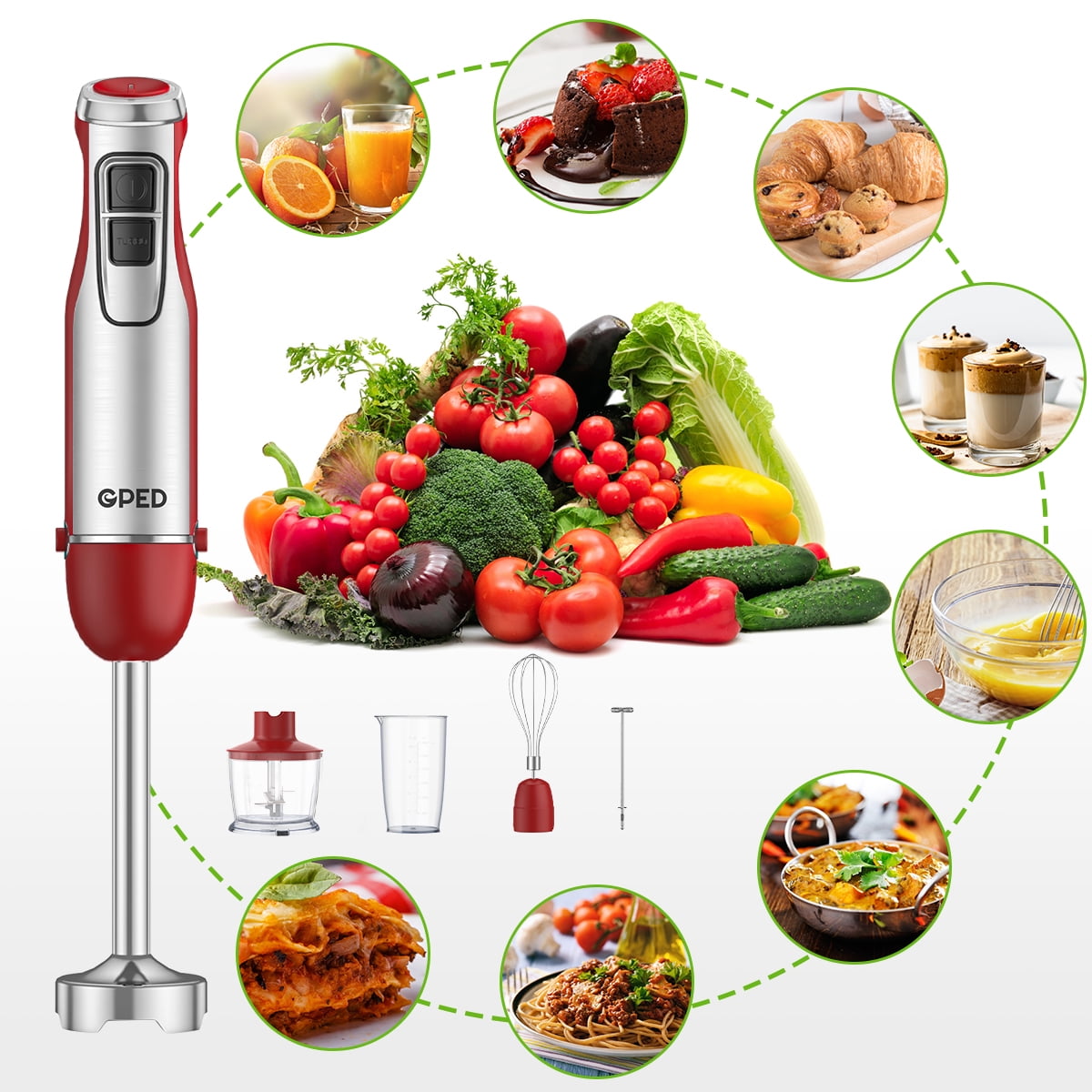 GPED Hand Blender, 5-in-1 Immersion Hand Blender,12 Speed Turbo Mode Stick Blender for Make Smoothie, Milk Shakes,Juice ,Sauces