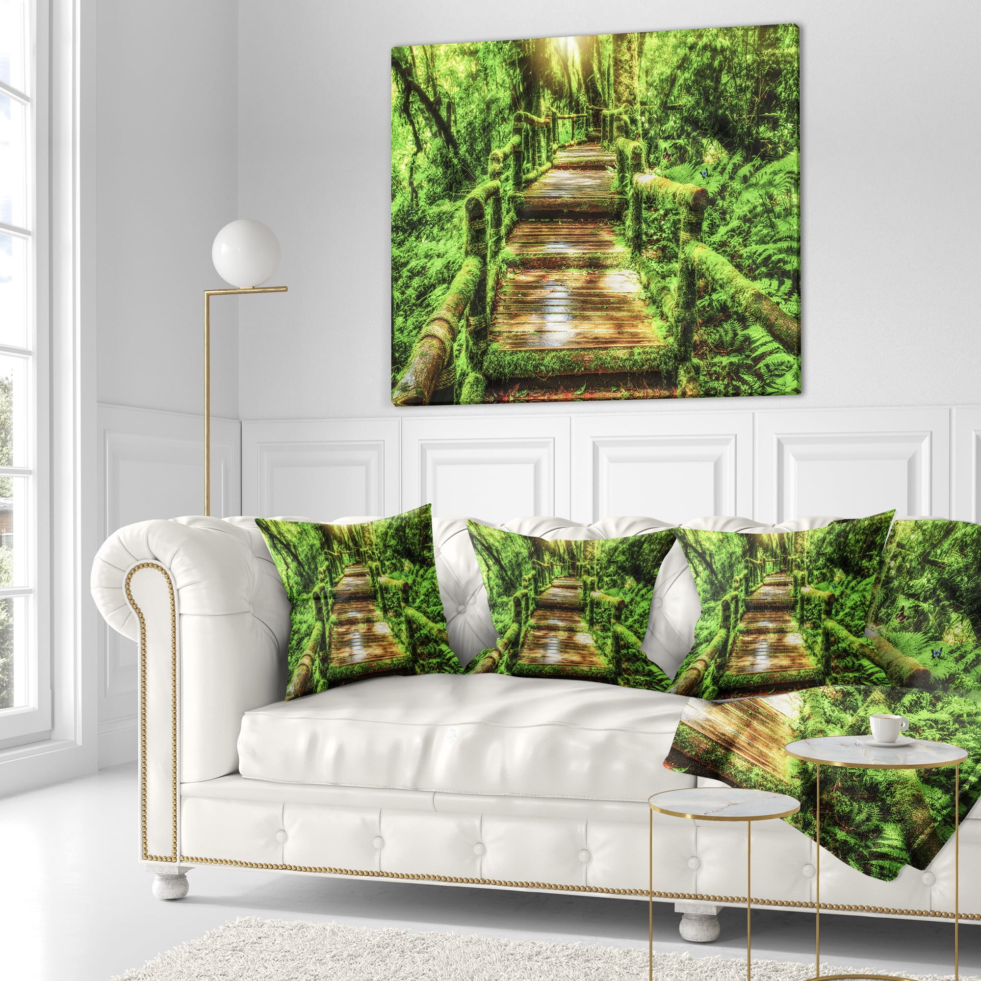 Designart Moss around Wooden Walkway in Rain - Photography Throw Pillow - 18x18