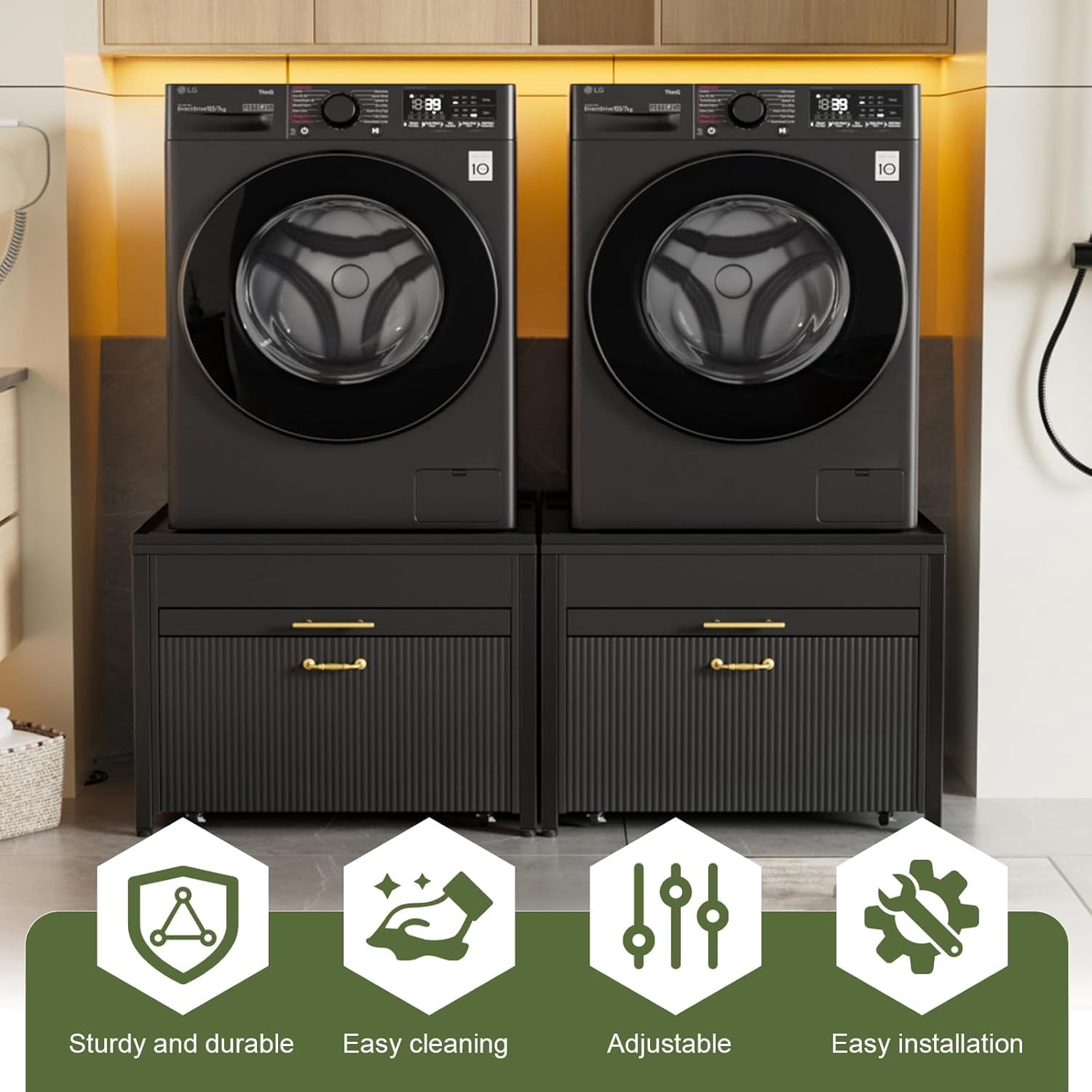 PAKASEPT Washer and Dryer Pedestals, 29" Laundry Pedestal  for Washer and Dryer Stand, Heavy Duty Shock-Proof Washer Stand, Laundry Dryer Stand with Pull-Out Shelf Storage Drainage,Black