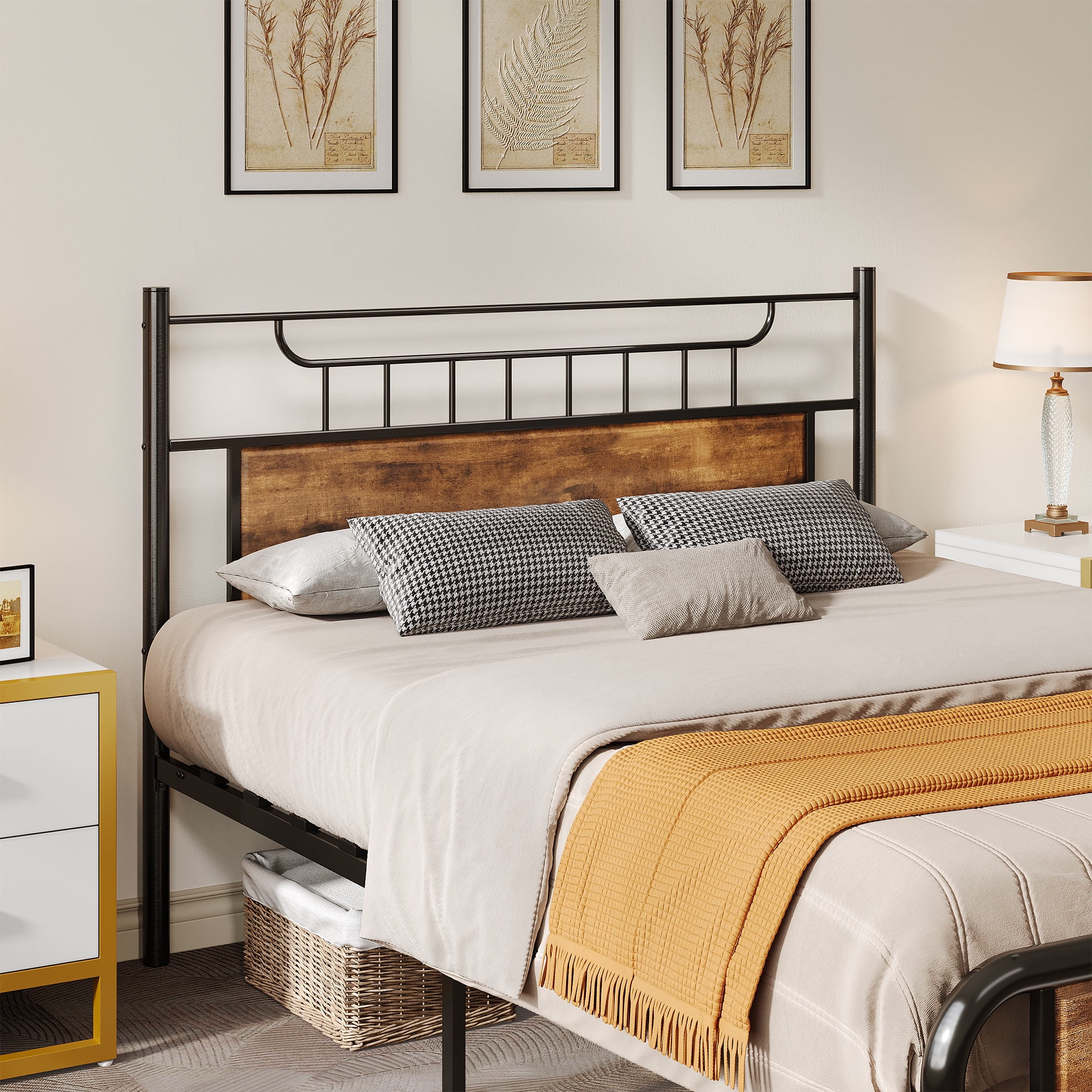 Uforic Farmhouse Queen Metal Platform Bed Frame with Headboard & Soundproof Cotton, Black