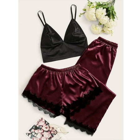

Women Lingerie Sleepwear Satin Silk Babydoll Lace Up Nightwear Pajamas Set