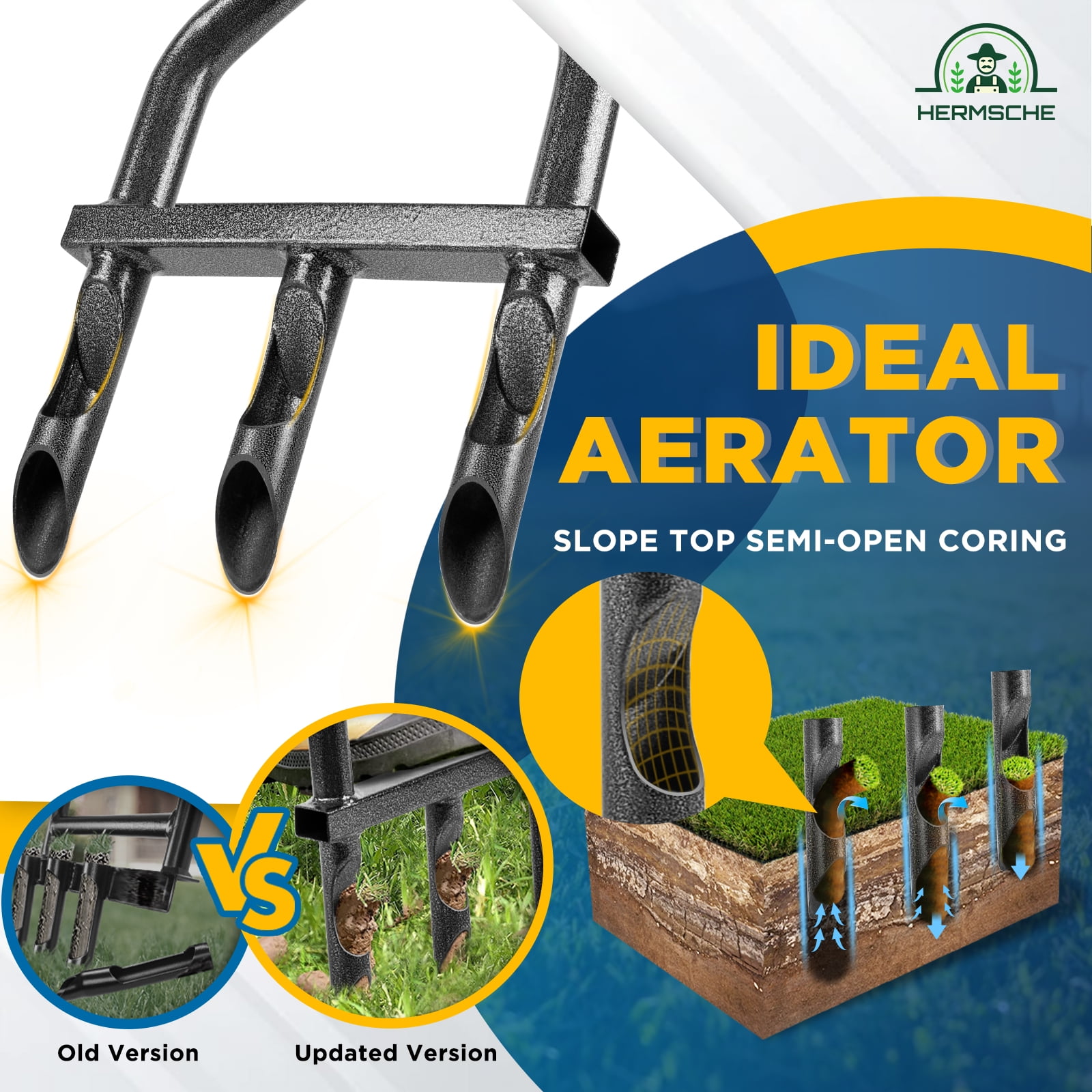 Luxvie Lawn Core Aerator Manual Plug Aerator Lawn Tool with Slope Aerators Top 3 Half-Open Slot Hollow Tine Heavy Duty Lawn Aerator Tool for Soils Yard Garden, Black(3 CORES)