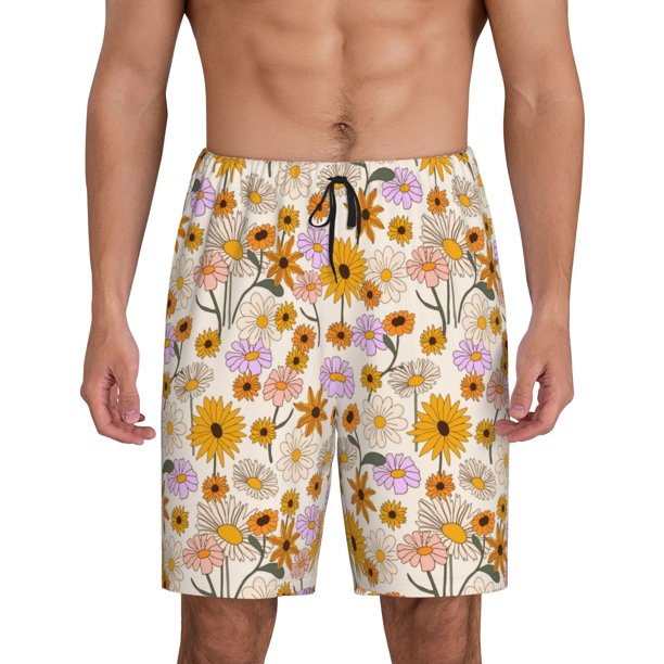 Balery Boho Flowers Pantalones cortos de pijama de punto de algodón para hombre con cinturilla y bolsillos-Small