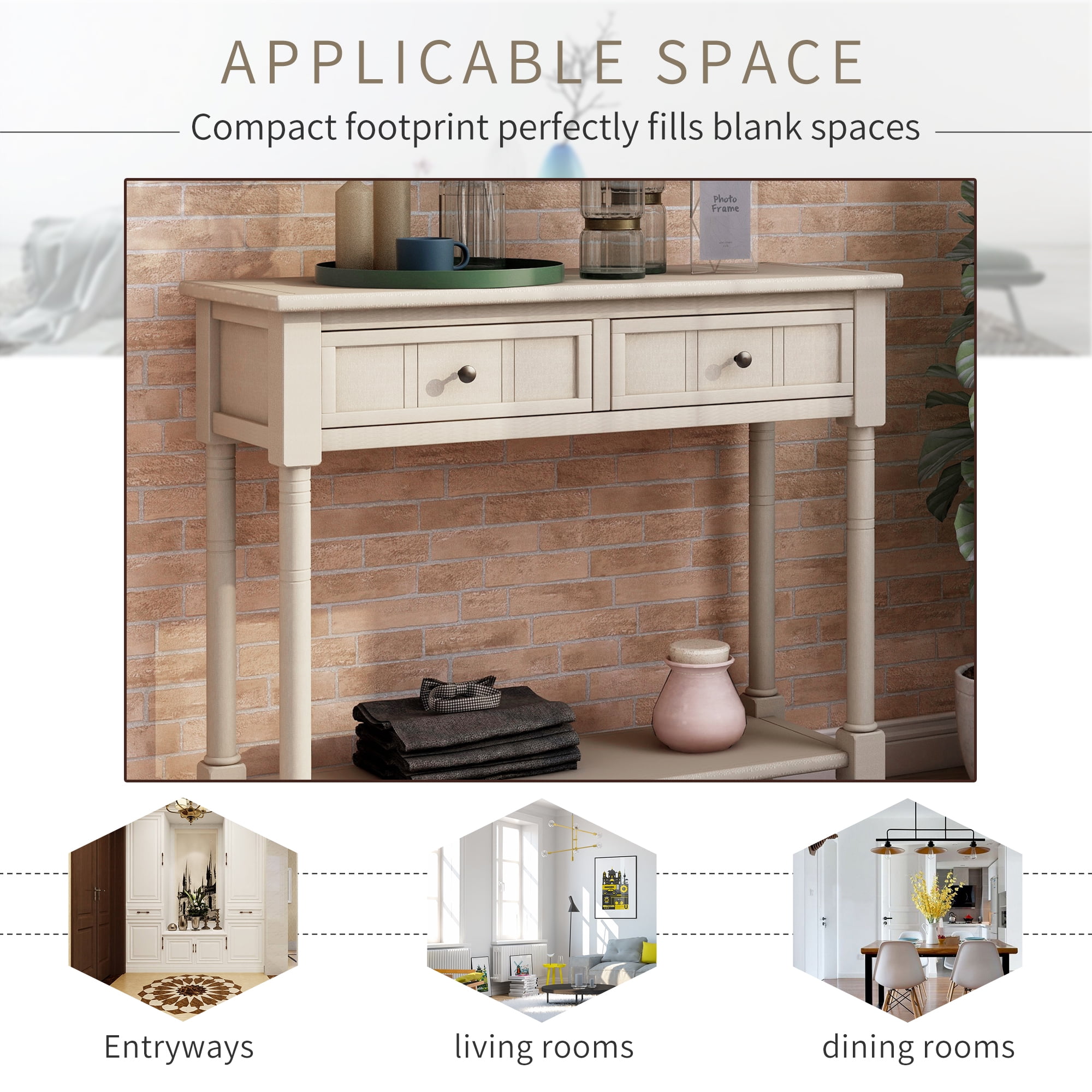Retro Console Table with Drawers, Solid Wood Entryway Table for Living Room, Hallway, Vintage Accent Storage Sofa Table with Bottom Shelf