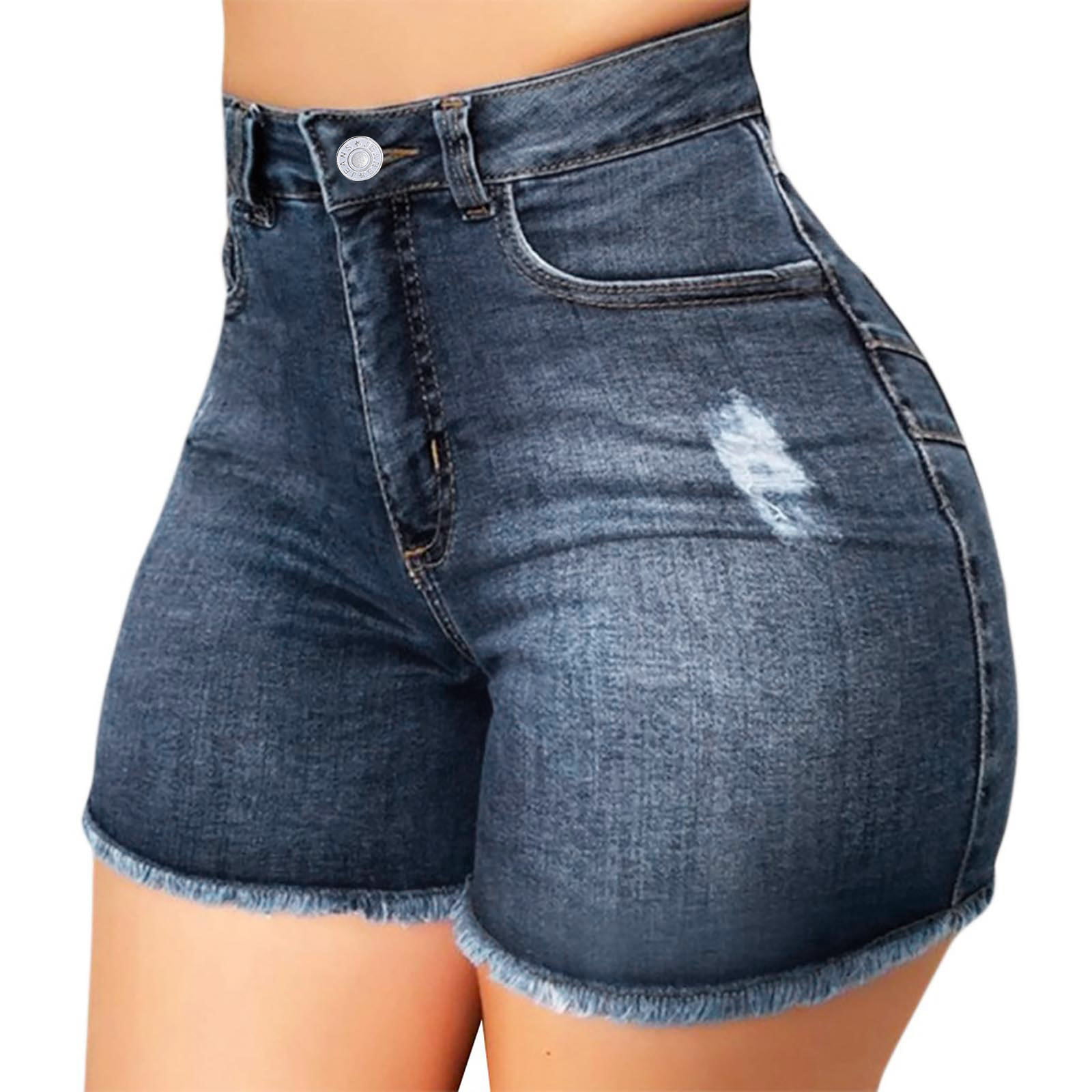 AOZZO Womens Stretch Jean Shorts Butt Lifting Push Up High Waist Distressed Frayed Raw Hem Tassele Denim Shorts 