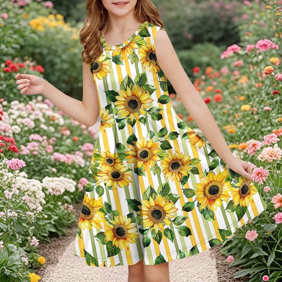 4-14 Years Girls Dresses Sleeveless Sundress 3D Print Round Neck A-line Swing Pleated Dress Mermaid Party Princess Birthday Dress Yellow 5-6 Years