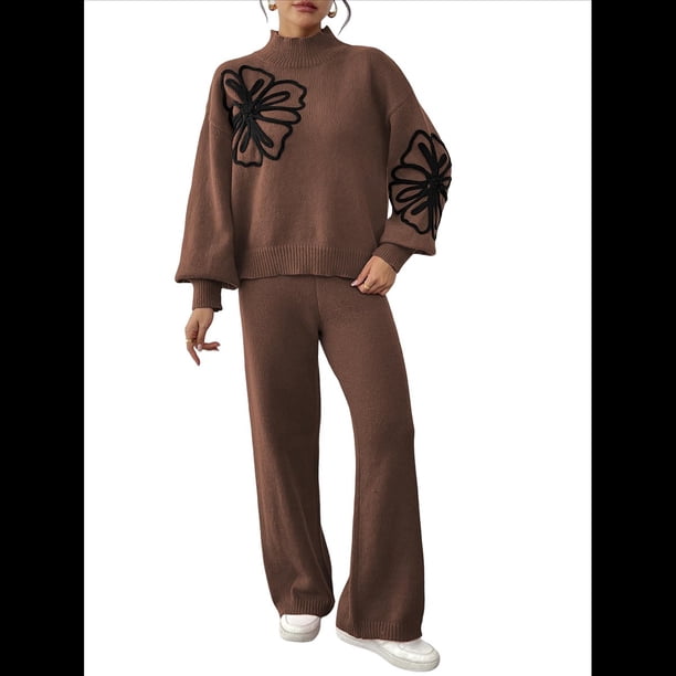 Conjunto de 2 Piezas para Mujer: Jersey de Punto de Larga y Pantalón , Chándal A Juego Café L