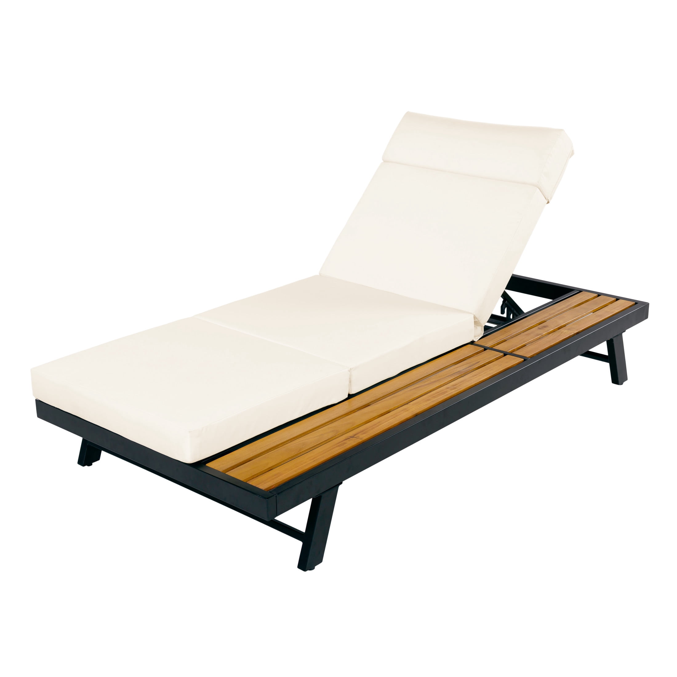 Christopher Knight Home Adjustable Outdoor Chaise Lounge with Headrest Cushion, Iron Frame and Wood Side Shelf, Black+Beige