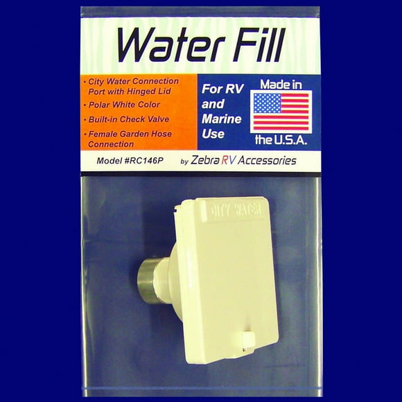 Zebra RV Fresh Water Inlet RC146P Used For RV And Marine Fresh Water System; Female Garden Hose Connection; With Hinged Lid; With Built-In Check Valve; Polar White; With Retail Packaging