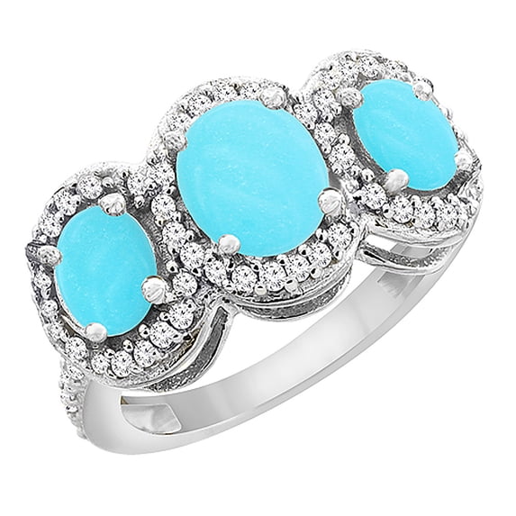 10K White Gold Natural Turquoise 3-Stone Ring Oval Diamond Accent, size 5
