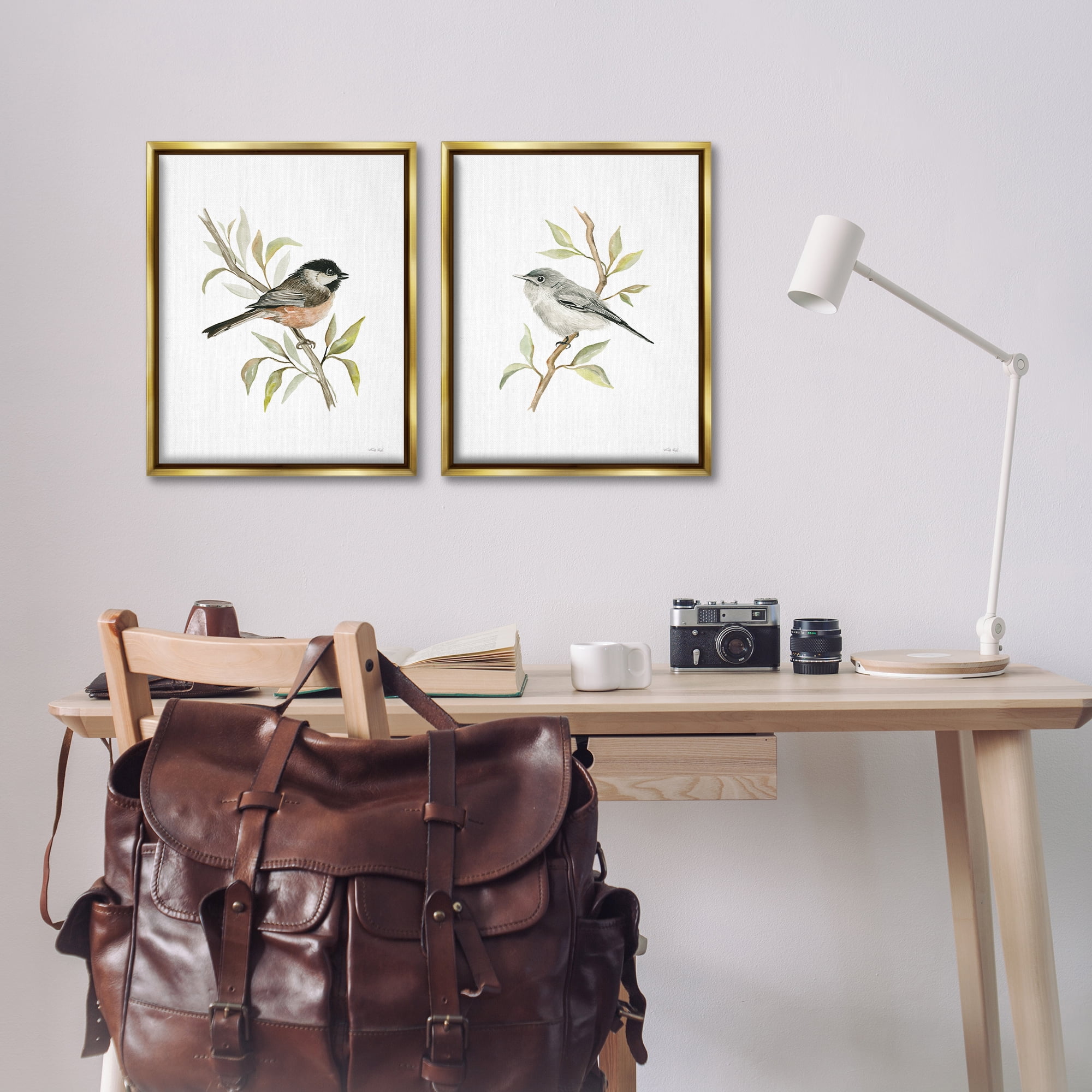 Stupell Industries Small Birds on Branches Animals Painting Gold Floater Framed Canvas Art Print Wall Art, 17 x 21, Set of 2