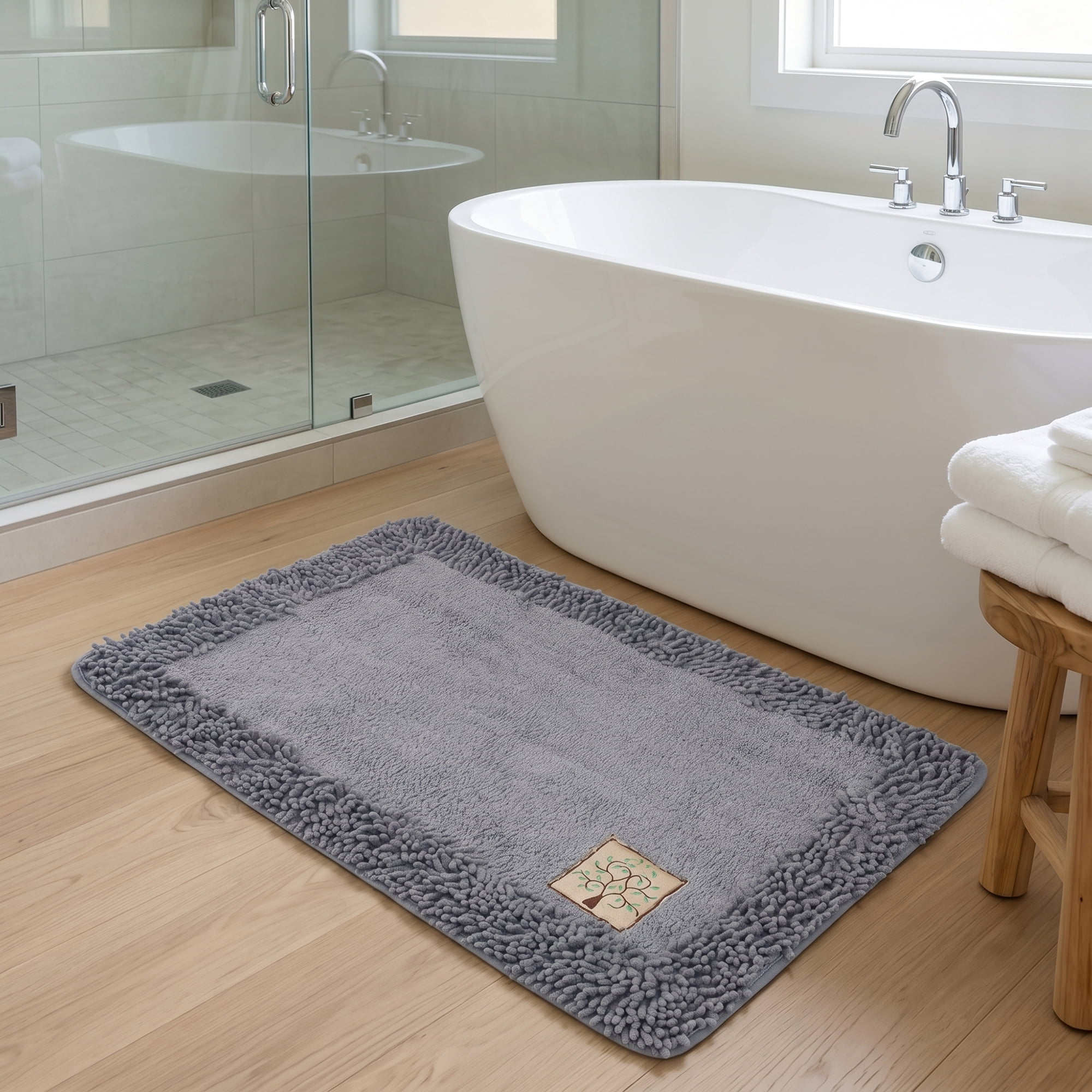 Unique Bargains Chenille Non Slip Bath Mat Ultra Soft Absorbent Shower Rug Grey 32" x 20"