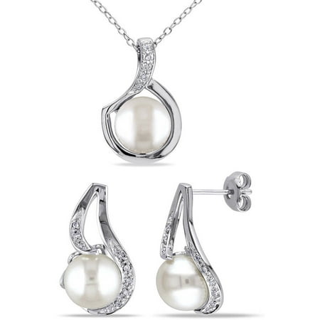 Miabella 9-9.5mm White Button Cultured Freshwater Pearl and Diamond-Accent Sterling Silver Swirl Earrings and Pendant Set, 18