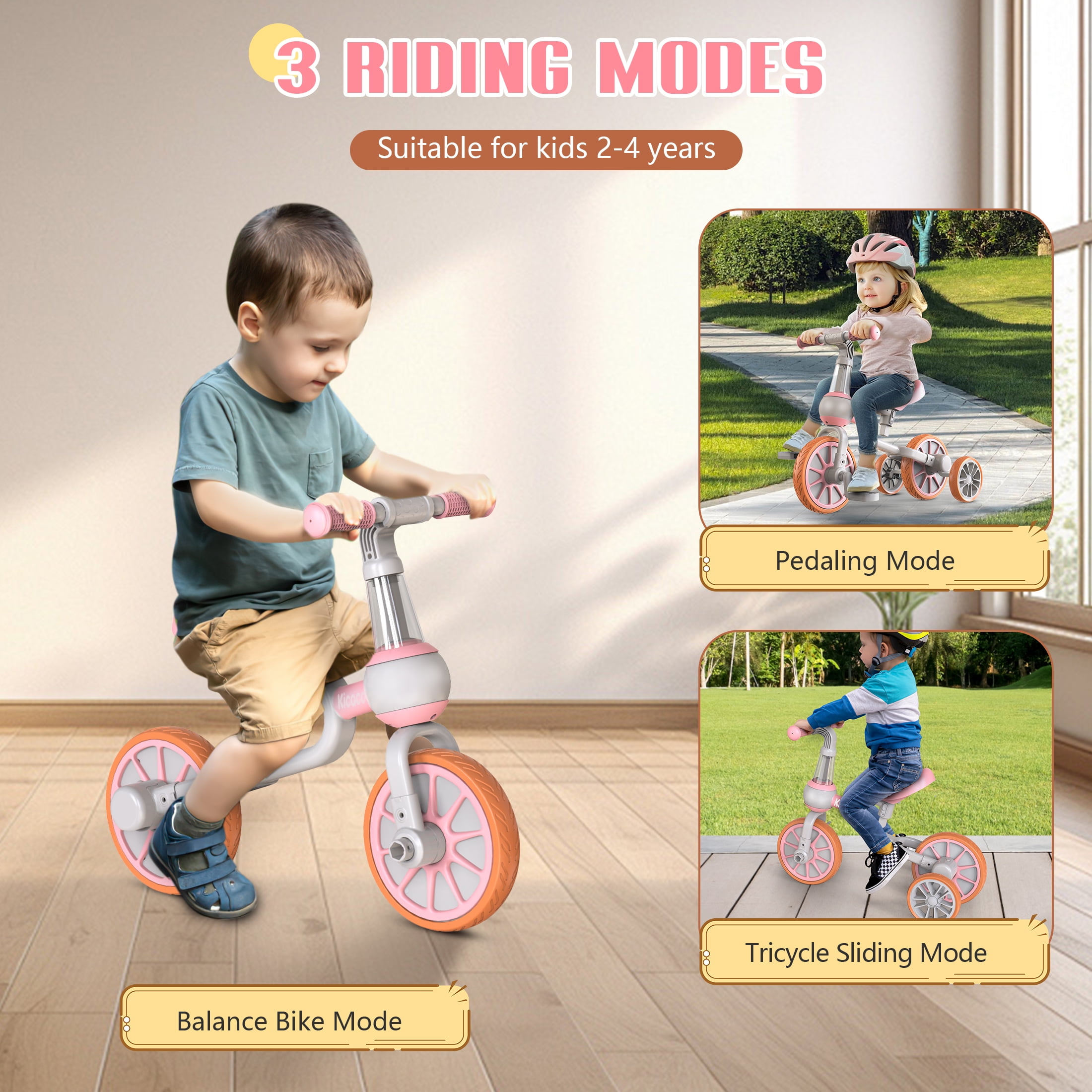 Kicacooc Kids Tricycle for 2-4 Yr Old Boys Girls 3 in 1