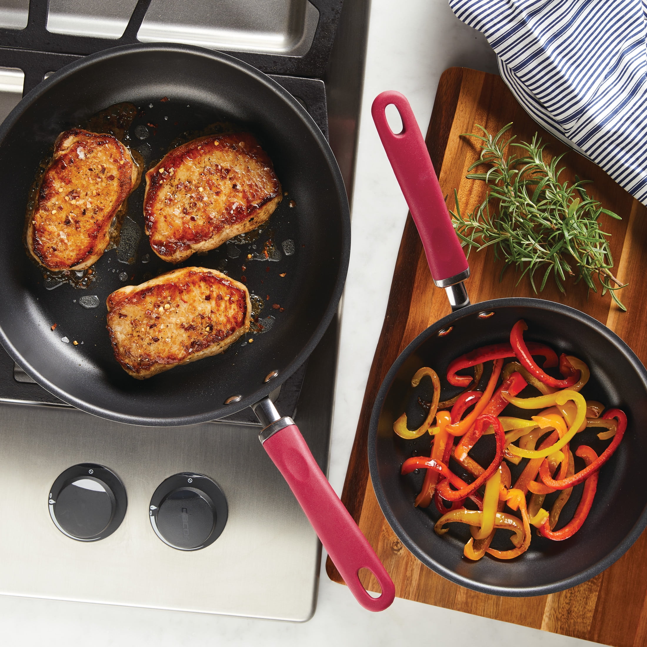 Rachael Ray Create Delicious 2 Piece Hard-Anodized Aluminum Nonstick Induction Deep Frying Pan Set, Red Handles