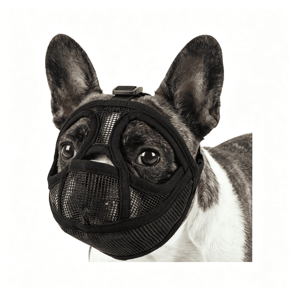 GASTROPOD Short Snout Dog Muzzle, Breathable Soft Mesh French Bulldog Muzzle for Flat Faced Dogs, Adjustable to Prevent Scavenging, Allow Grooming, Drinking & Panting with Tongue Out (Black L)