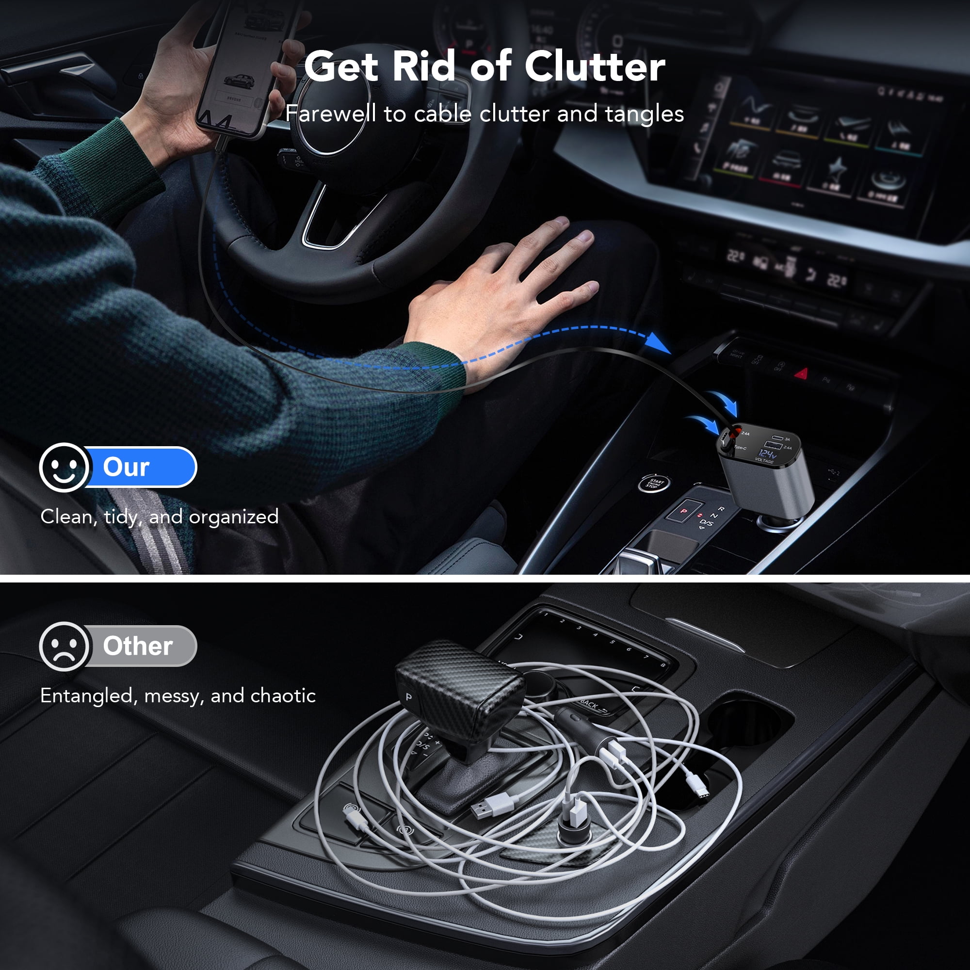 TAOHAI 60W 4-in-1 Retractable Car Charger USB C - Fast Charging Adapter with 2 USB Ports for iPhone 16/15, Galaxy, Pixel