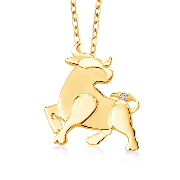 Gem Stone King 18K Yellow Gold Plated Silver White Lab Grown Diamond Ox Pendant Necklace for Women By Keren Hanan with 18 inch Chain