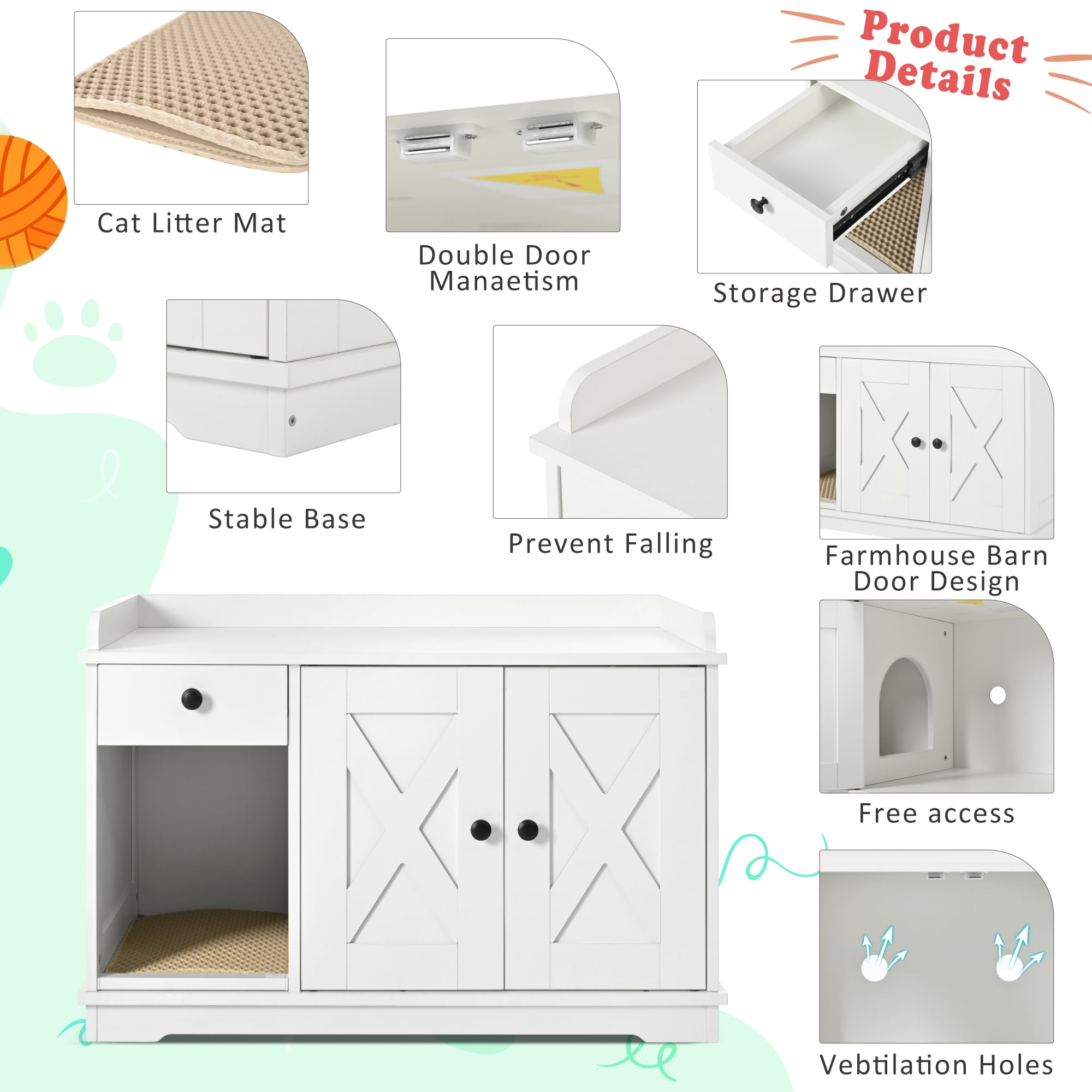 Euroco All-in-One Cat Litter Box Furniture with Drawer, Hidden Litter Box Enclosure, Winding Entrance, Storage Shelf, and Built-In Litter Mat