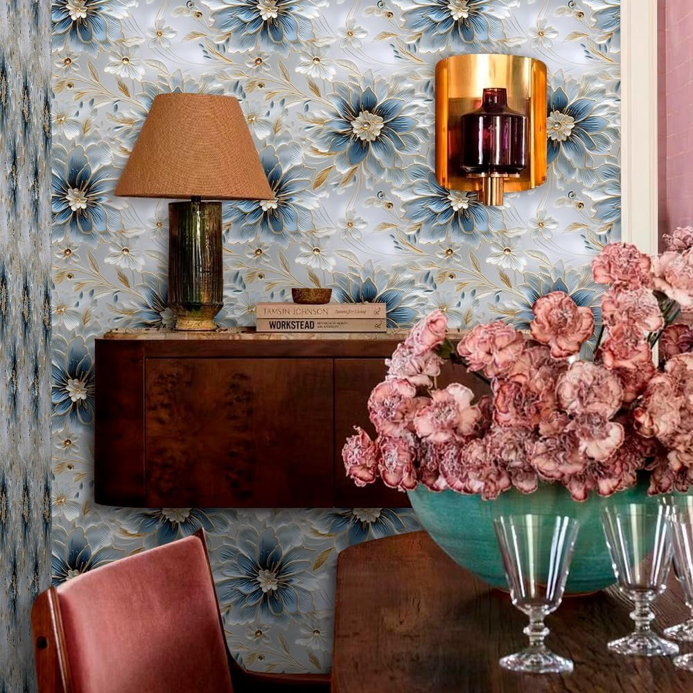White Blue Grey Peony Floral Vintage Peel and Stick Wallpaper Contact Paper Vinyl Stick on Wall Paper for Bedroom Bathroom Kitchen Cabinet Renter Friendly