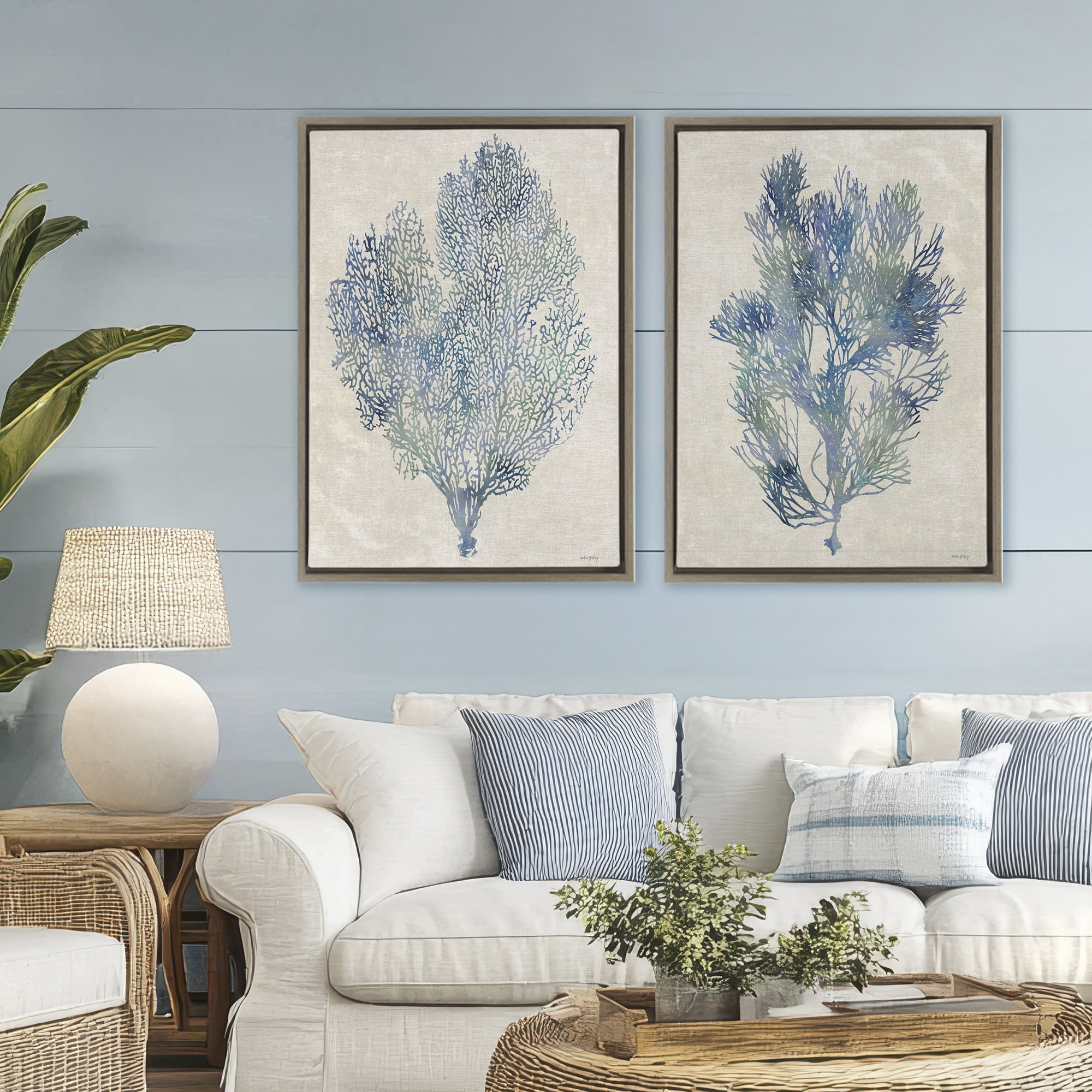 Stupell Industries Fan Coral Study in Blues 2 Piece Brown Framed Floater Canvas Set, design by Amber Sterling