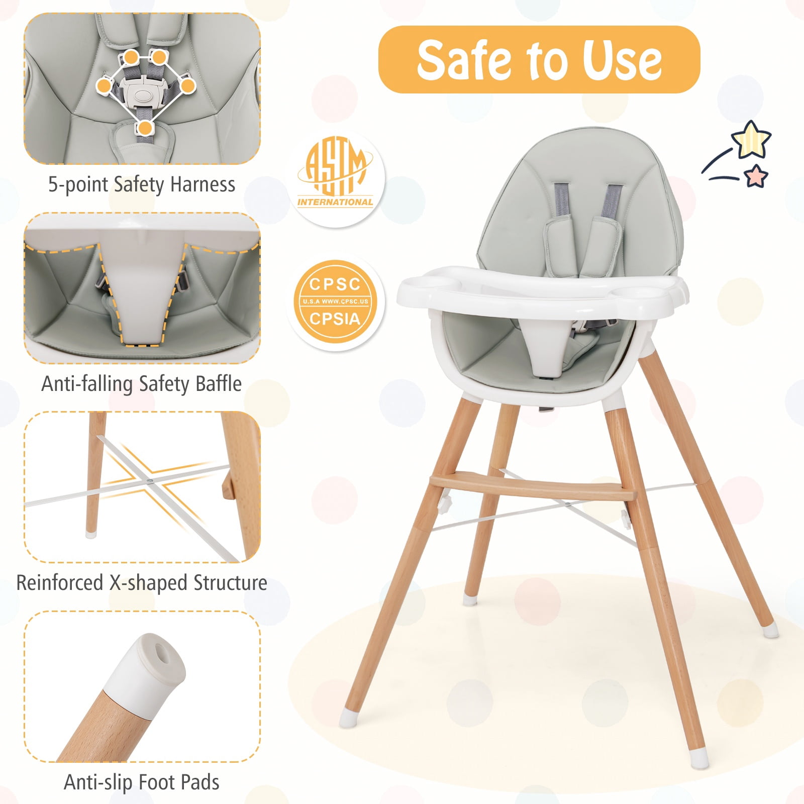 Infans Baby High Chair Wooden Feeding Chair w/ 4-Gear Tray & Removable Cushion Grey