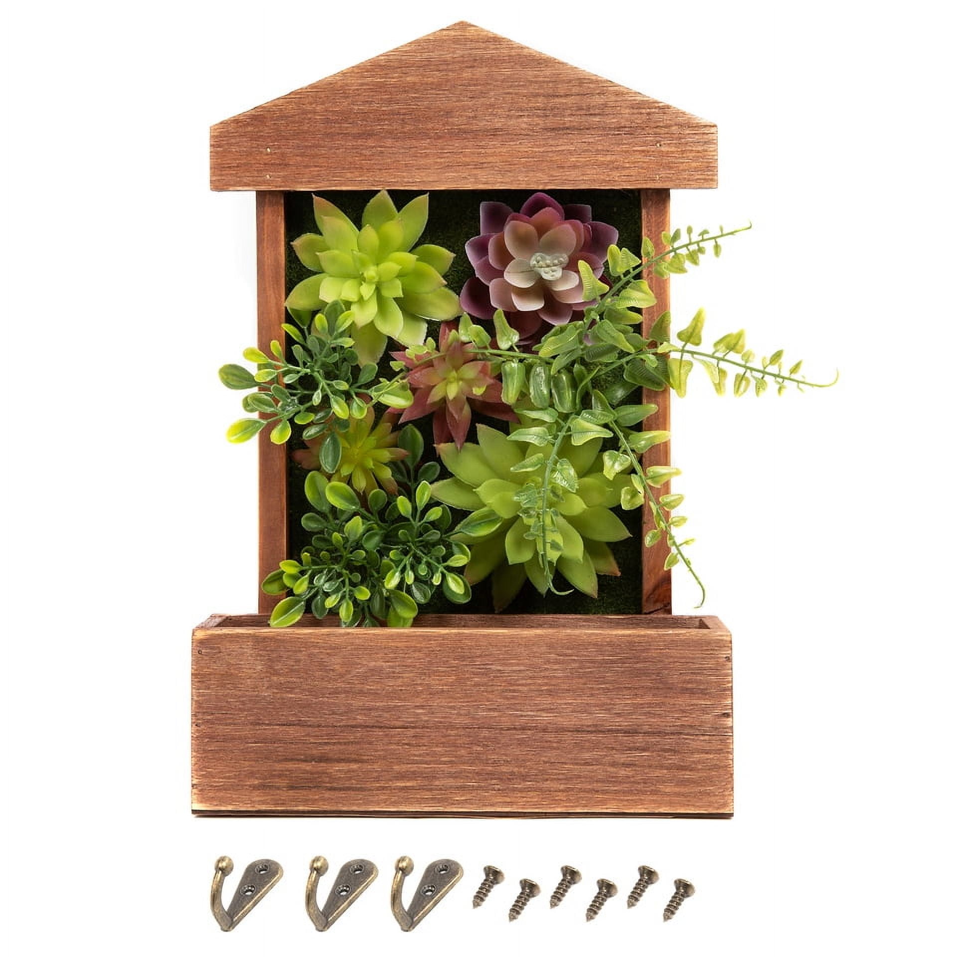 K-Cliffs 3D Wooden House Shape Frame with Faux Succulents and 3 Key Hooks, Wall Arrangement, Brown