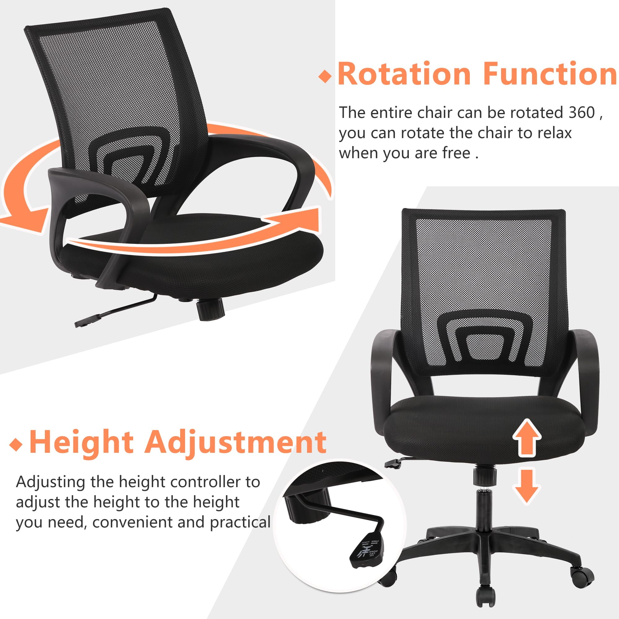 YRLLENSDAN Conference Room Chairs Mesh Office Chair with Wheels Rolling Desk Chair with Arms Mesh Computer Chair for 250lb Adults Study Chair Adjustable Height 2 Pack,Black