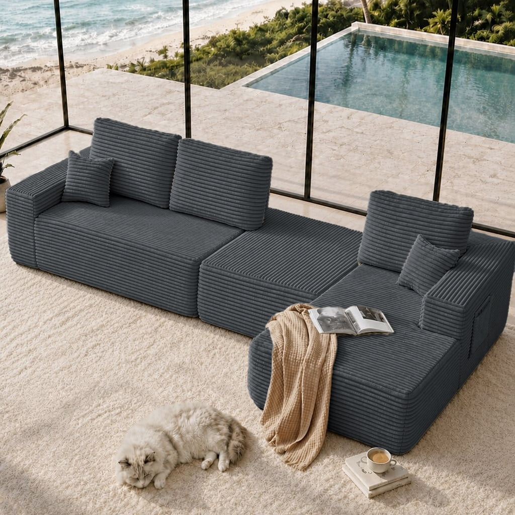 Cloud Sectional Sofa 104 Inch, U-Shape Modular Couch with Side Pockets and Deep Seating, Upholstered Living Room Sofa, No Assembly Required, Grey, Right Chaise