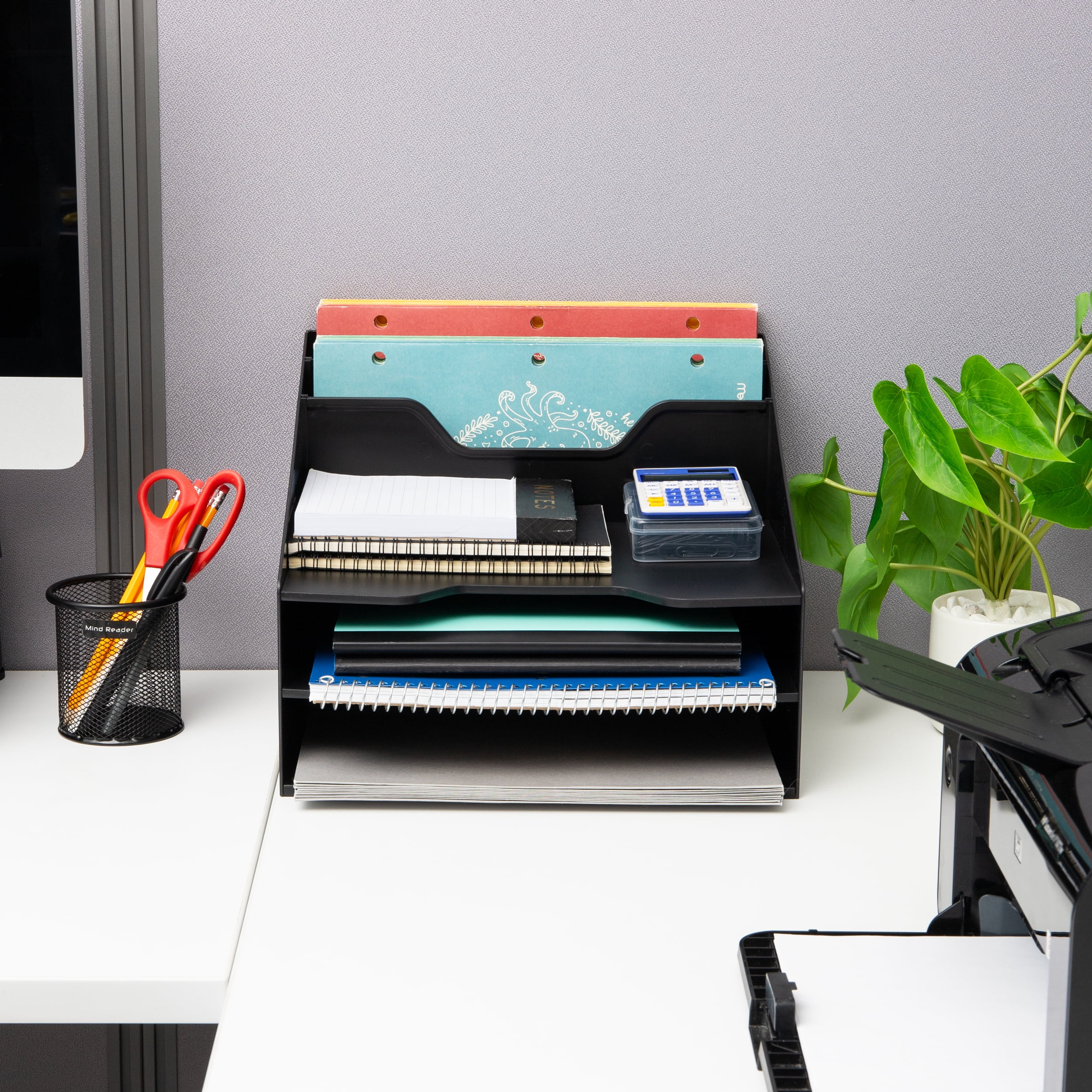 Mind Reader Desktop Organizer, Vertical File Holder, Paper Trays, Office, Plastic, 12.5"L x 11.75"W x 9.5"H, Black