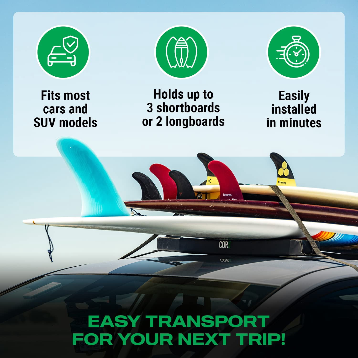 Universal SUP Surf Rack for Cars | Paddle Board Soft Rack for Surf Kayak and Paddleboards with Scratch Resistant Buckles (28")