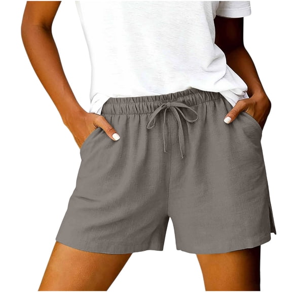 Womens Cotton Linen Shorts with Pockets Mid Rise Drawstring Elastic Waisted Straight Leg Side Split Short for Women