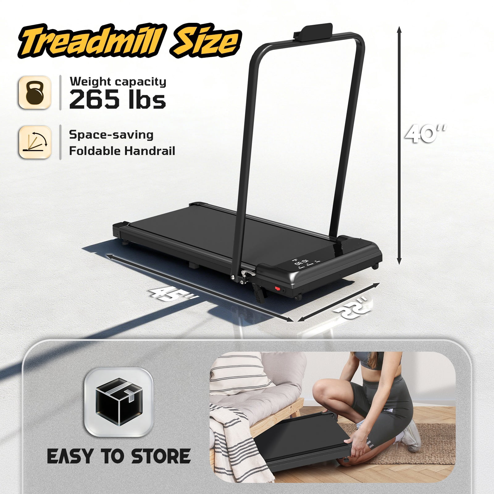 Walking Pad Treadmill with Handle Bar & 6% Adjustable Incline, Foldable Portable Treadmills for Home Office, Quiet Under Desk Treadmill, Black