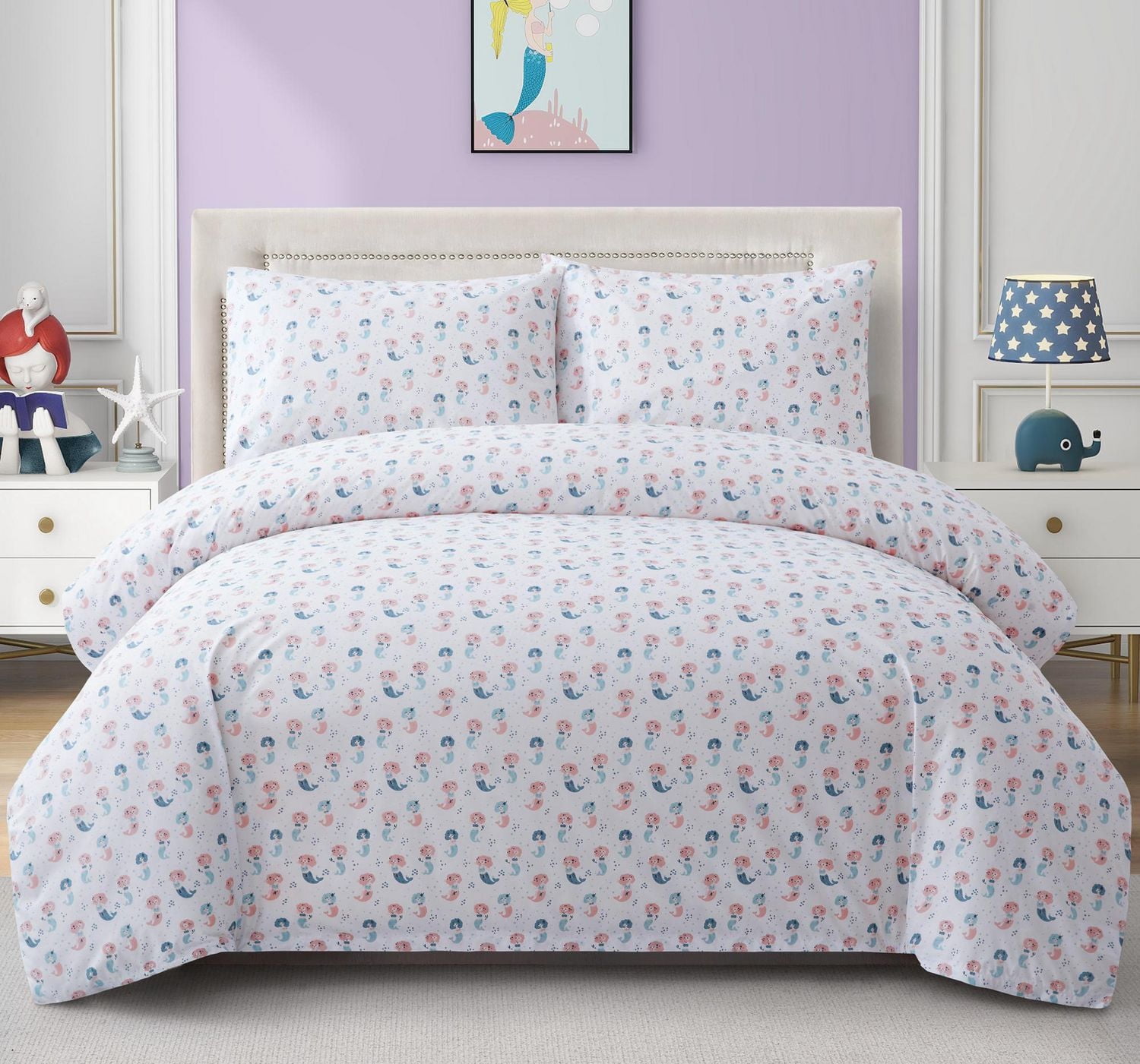 Literie Marina Décoration pour enfants et filles, en percale de coton doux 600 fils, avec fermeture éclair et lien d'angle, motif sirène.