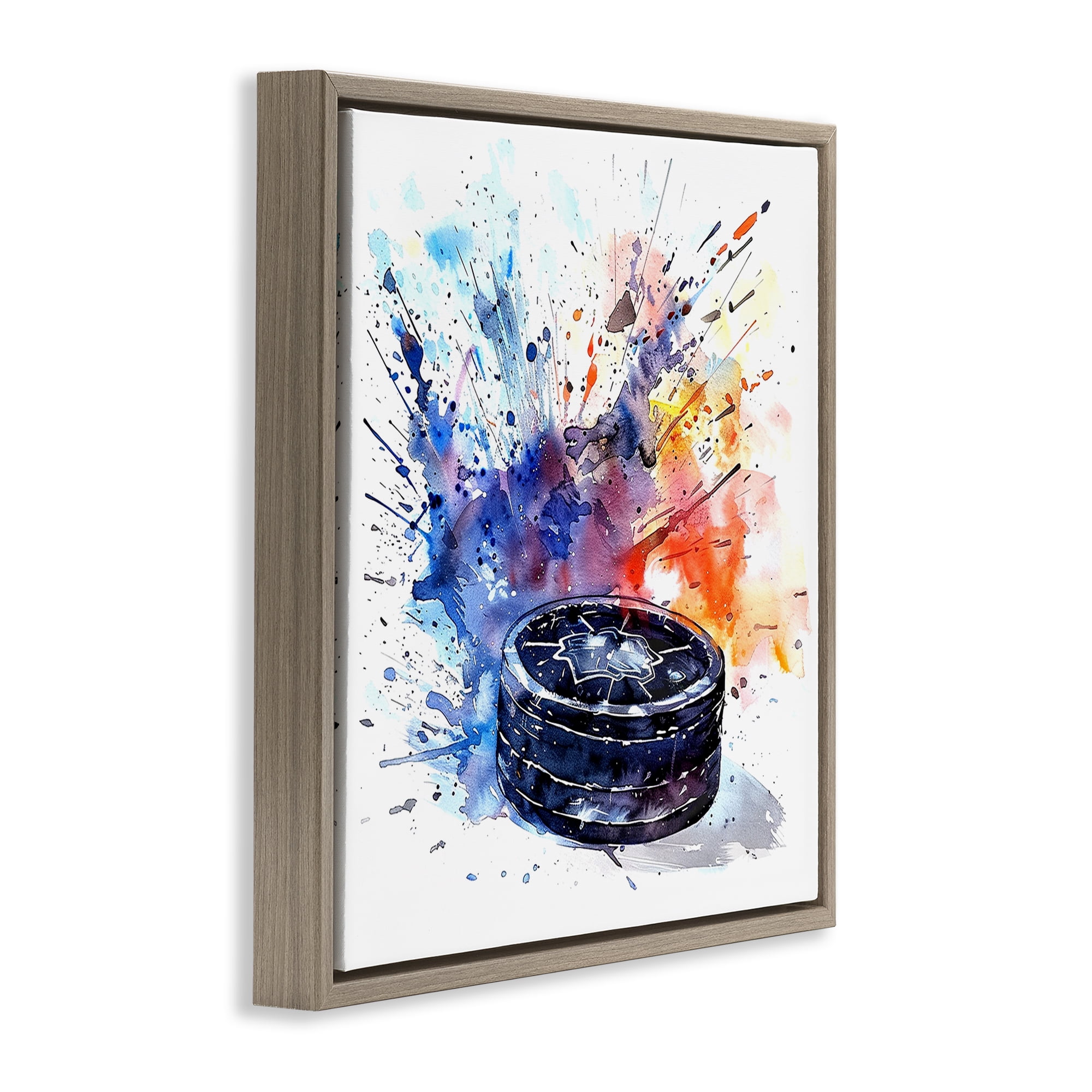Stupell Industries Hockey Splash Watercolor Burst Brown Framed Floater Canvas Wall Art, design by LSR Design Studio